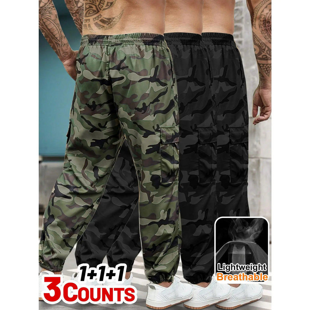 3-piece Men's Tactical Work Pants, Outdoor Camouflage Design, Training, Multi Pocket Pants, Hiking and Camping, Lightweight, Breathable, Quick Drying Sports Pants