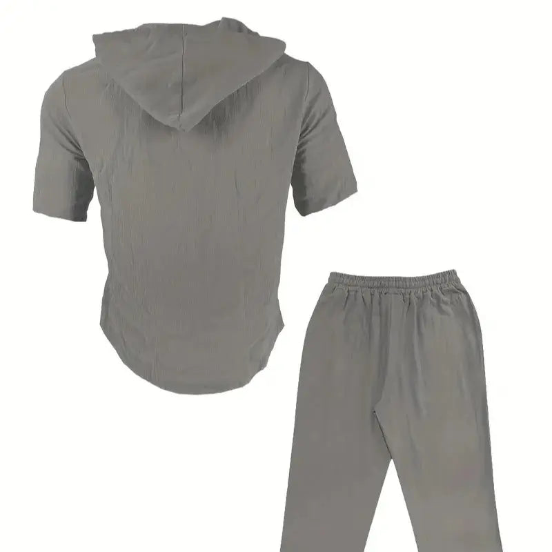 Men's 2-Piece Linen Washed Athletic Set - Stylish Plain Hooded Drawstring Sweatshirt, Loose Breathable Thin Fabric Wide-Leg Pants, Black + White Shortsleeve Casual Summer Menswear Sets, Men's 2 Piece Sets