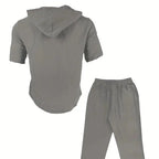 Men's 2-Piece Linen Washed Athletic Set - Stylish Plain Hooded Drawstring Sweatshirt, Loose Breathable Thin Fabric Wide-Leg Pants, Black + White Shortsleeve Casual Summer Menswear Sets, Men's 2 Piece Sets