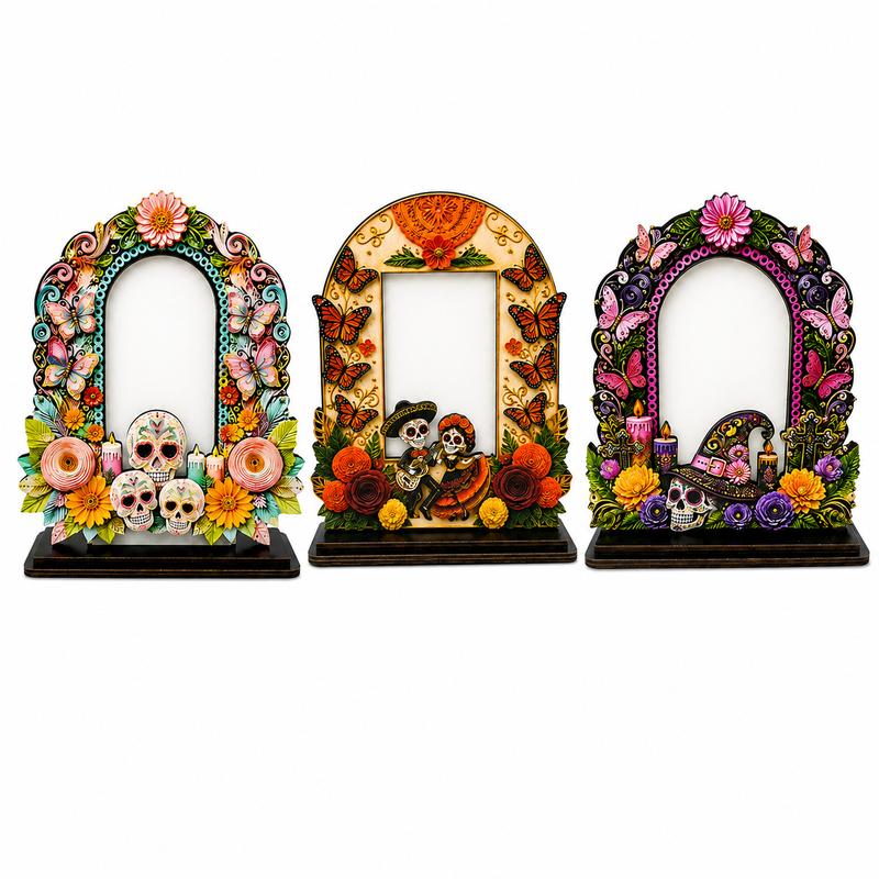 Traditional Día de los Muertos Wooden Picture Frame - Mexican Altar Tabletop Display, Multi-Style Photo Holder with Skulls/Marigolds, Indoor Recreation Home Decor