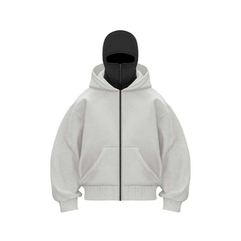 Balaclava Hoodie With Built-In Zip - Black Polyester Long Sleeve Men's Athletic Sweatshirt for Autumn Winter Sports & Casual Wear