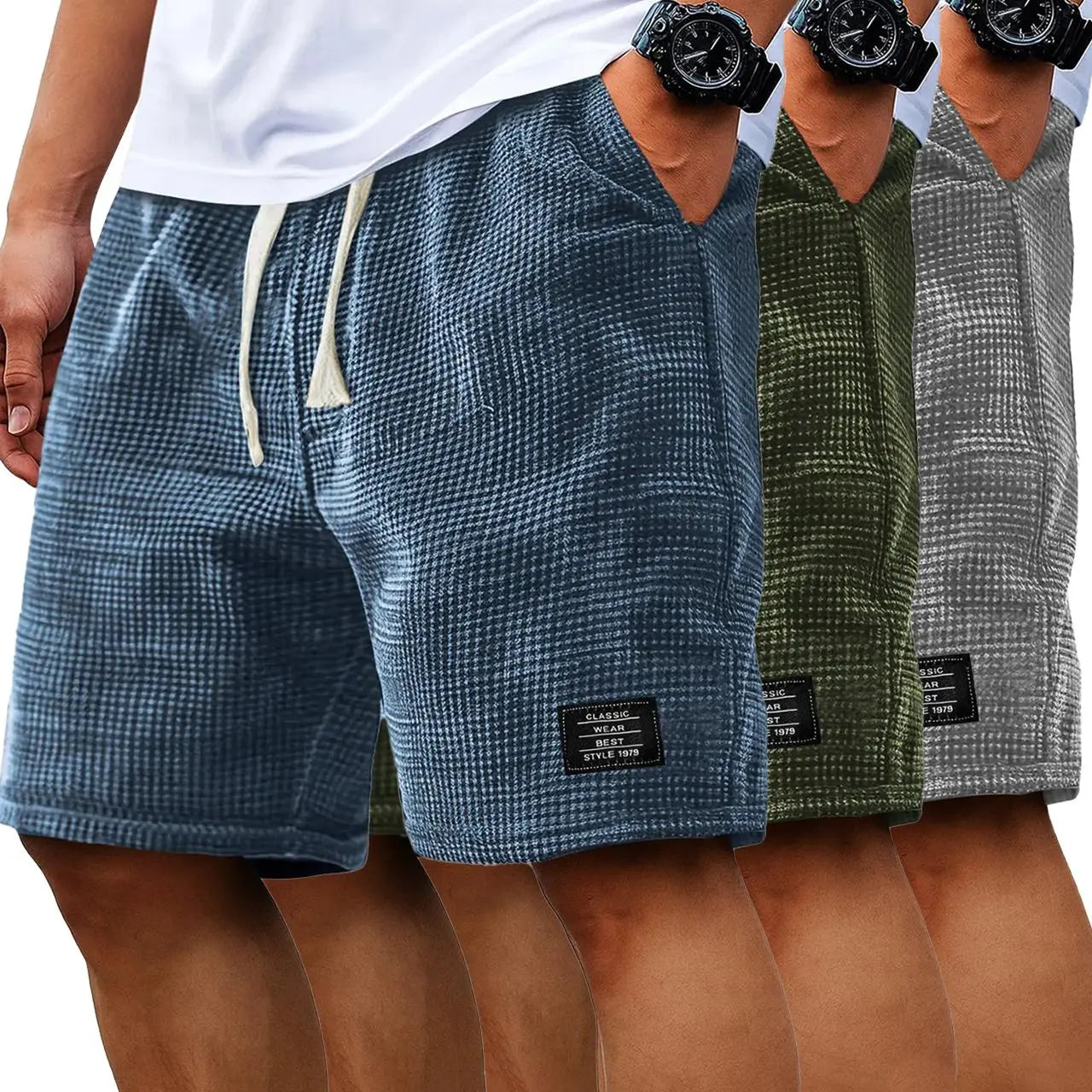 Men's 2-Pack Waffle Casual Shorts (Loose Fit, Solid Color)