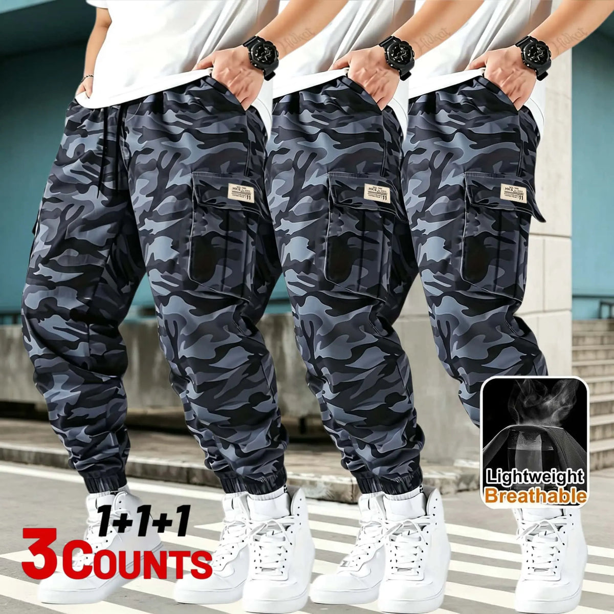 3-piece Men's Tactical Work Pants, Outdoor Camouflage Design, Training, Multi Pocket Pants, Hiking and Camping, Lightweight, Breathable, Quick Drying Sports Pants