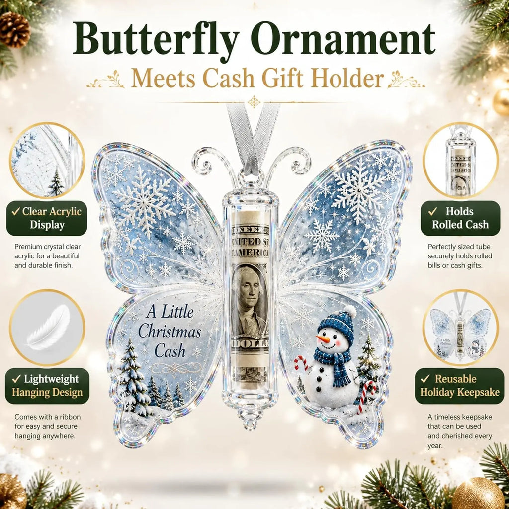 Christmas Cash Gift Ornament - Butterfly Money Holder with Acrylic (5Pcs/1 Set) Clear cash display with transparent holder, a creative Christmas gift idea for holiday tree hanging ornament decor (Peel Off Protective Film for Crystal Clear View)