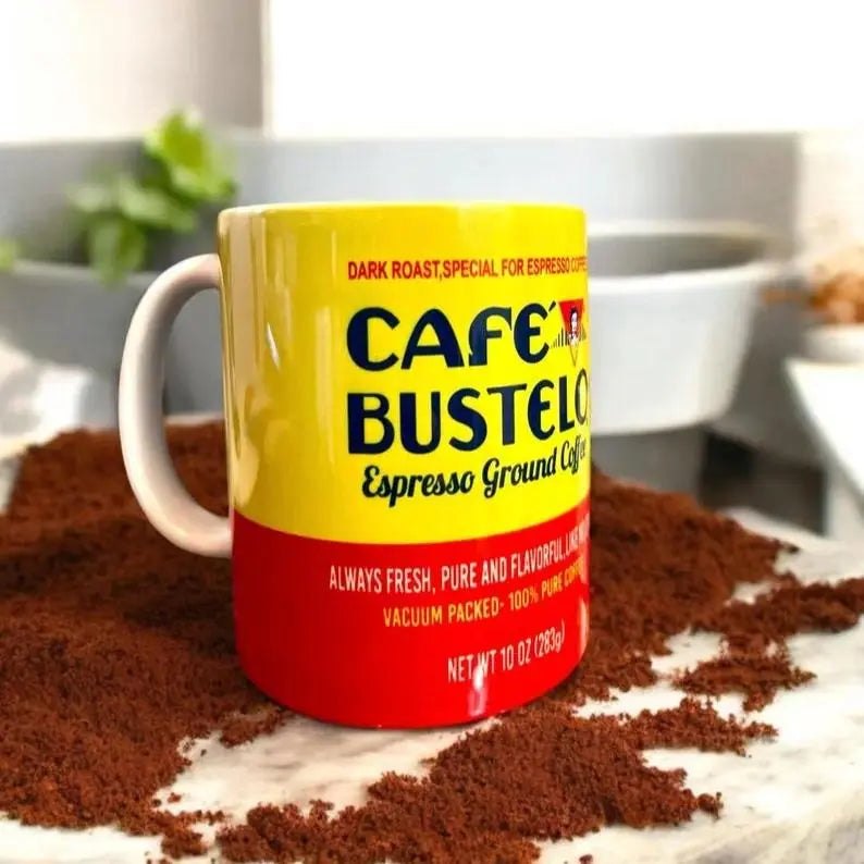 Café Bustelo Latin Ceramic Novelty Coffee Mug - Latin Artwork, Bold Colors, Black Accent, Microwave Safe Drinkware for Brazil & Colombia Themed Use, Washable Latino Gift