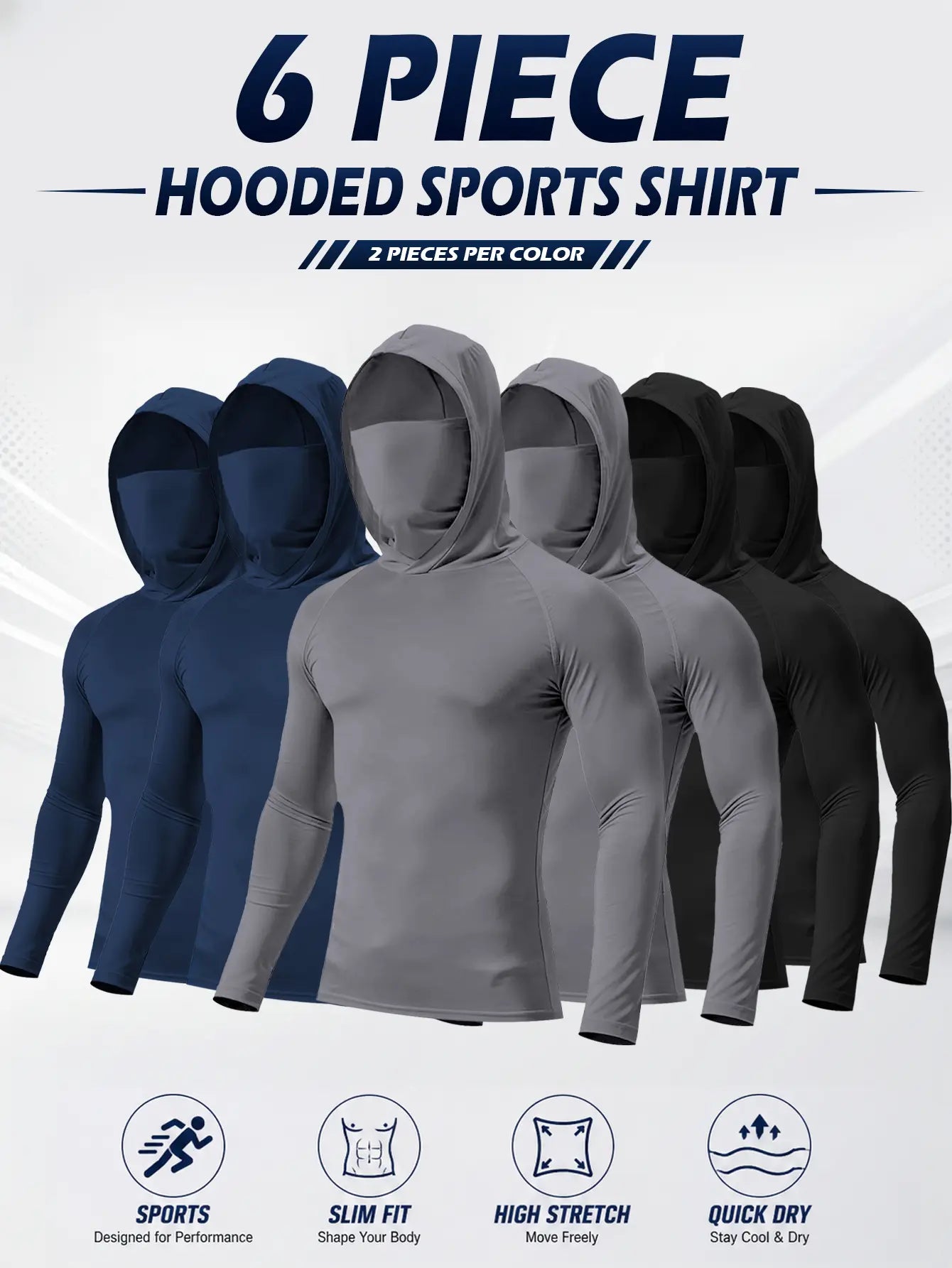 Men’s hooded sports tops available in sets of 6 or 3, featuring a mask design, high-stretch quick-dry fabric, sun protection and breathability—ideal for outdoor activities, fishing, and working outdoors in sunny conditions.