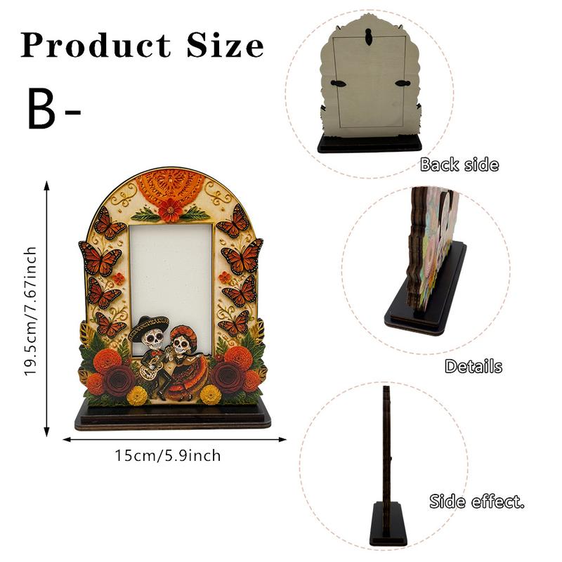 Traditional Día de los Muertos Wooden Picture Frame - Mexican Altar Tabletop Display, Multi-Style Photo Holder with Skulls/Marigolds, Indoor Recreation Home Decor