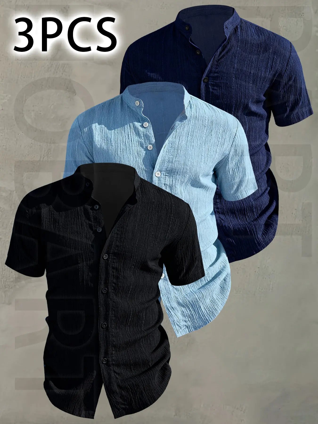 3pcs Men's Summer Lightweight Casual Button-Up Shirts with Stand Collar