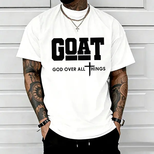 GOAT (“God Over All”) graphic T-shirt for men, 100% pure cotton, loose street-style short sleeves—trendy Christian casual top, best-selling faith urban fashion style., Shortsleeve, Menswear, Tshirt, Round Neck tiktokshopspringglowup