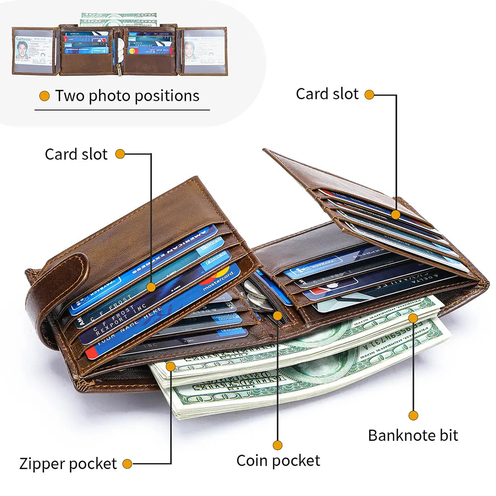 Vintage Men's Top-Grain Leather Bi-Fold Wallet - Classic Shape, Durable Design, Ample Card & Cash Space Money Organizer for Everyday Use, Men's Accessories, Gift for Boyfriend or Him on Birthdays