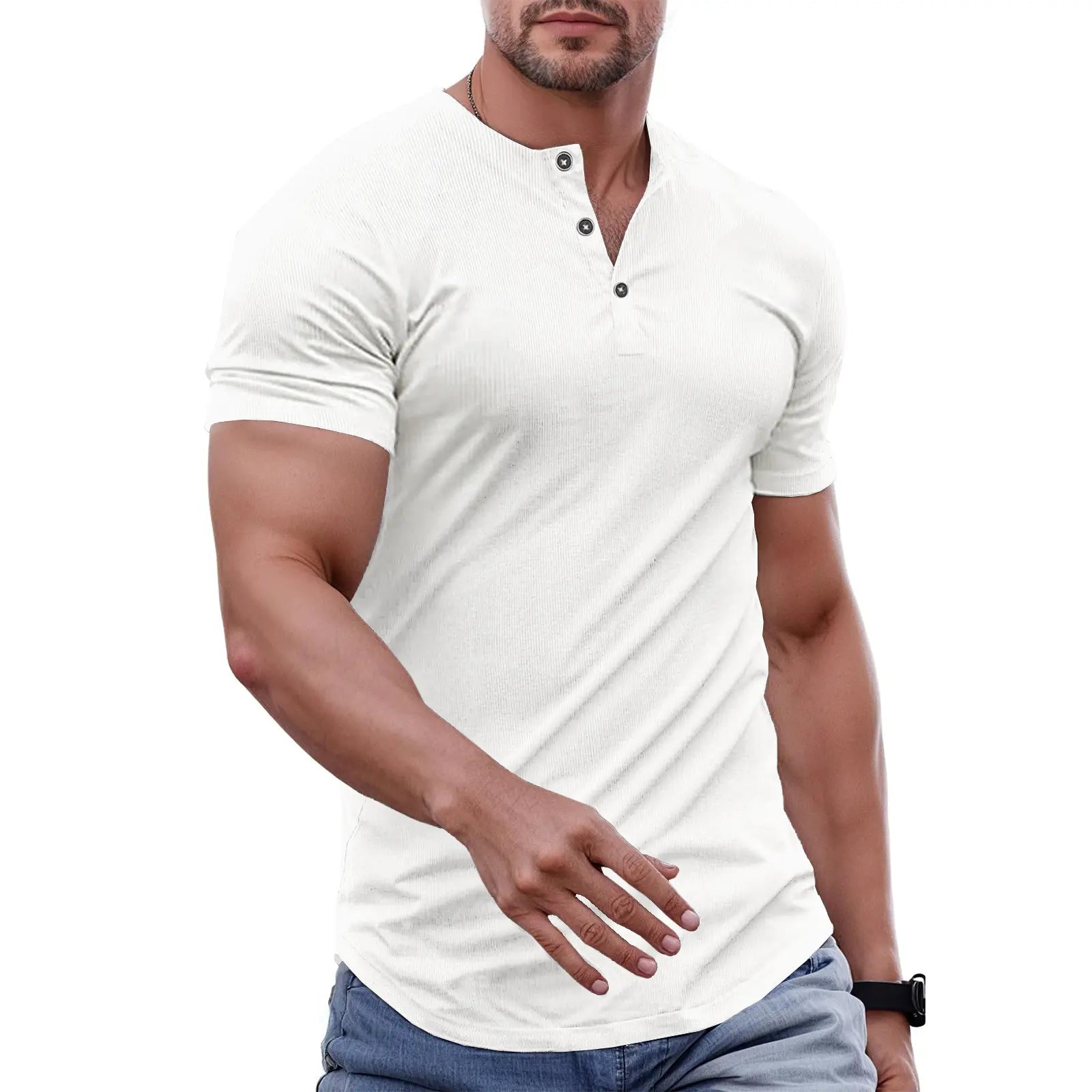 Men's Slim Fit Henley Athletic Longline Workout T-Shirt Heavyweight Stretch
