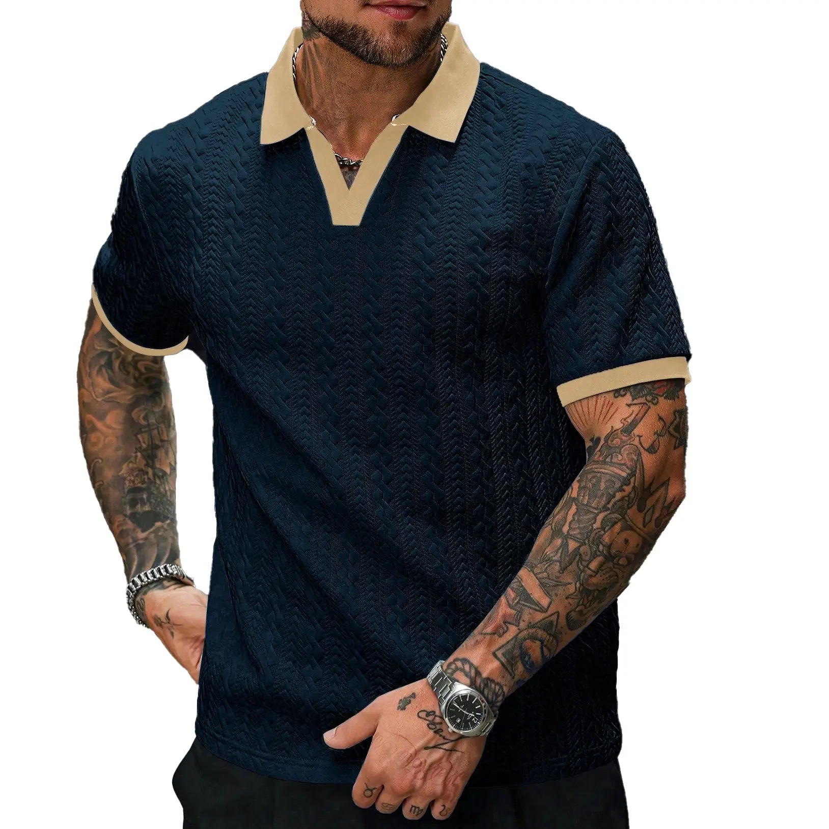 CasualCool Men's Old Money Contrast Knit Short-Sleeve Polo Shirt (Cream)
