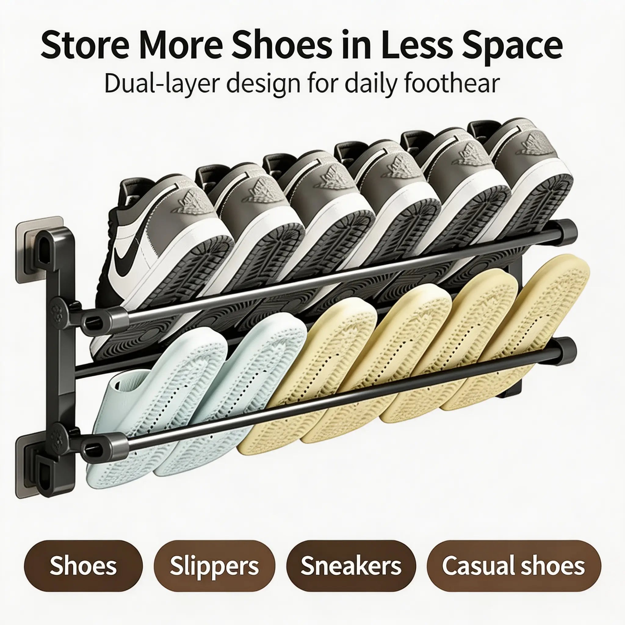 Foldable Wall-Mounted Shoe Rack, Space-Saving Plastic & Steel Hanging Slipper Holder, Compact Shoe Storage Organizer for Bathroom, Entryway, Closet, Bedroom, Door & RV