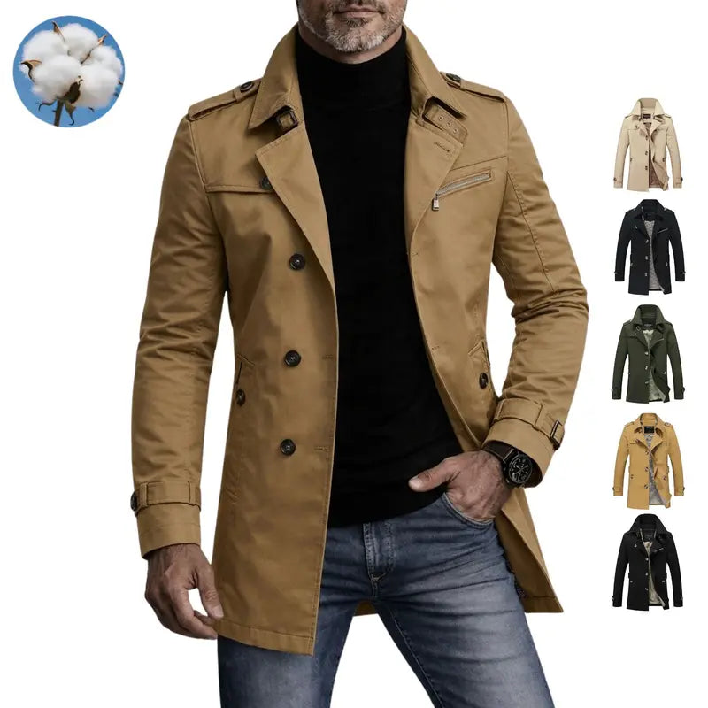 Men’s Elegant Plain Long Pea Coat - Single-Breasted, Turn-Down Collar, Slim Fit Casual Outdoor Jacket, Mens Tops Outerwear for Office, Everyday Wear