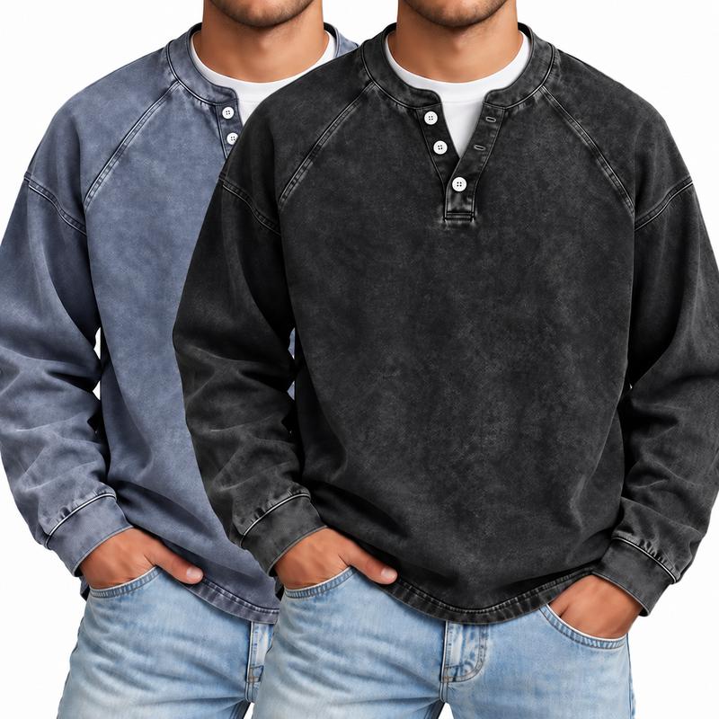 Men's Vintage Washed 3-Button Henley Long Sleeve Plain Pullover, Soft Polyester Oversized Relaxed-Fit Men's Clothing, Dark Brown Casual Streetwear, Dry Clean Compatible Stand Collar Shirt, Everyday Wear Outfits Ribbed Tshirt Wetsuit Menswear Beige Top