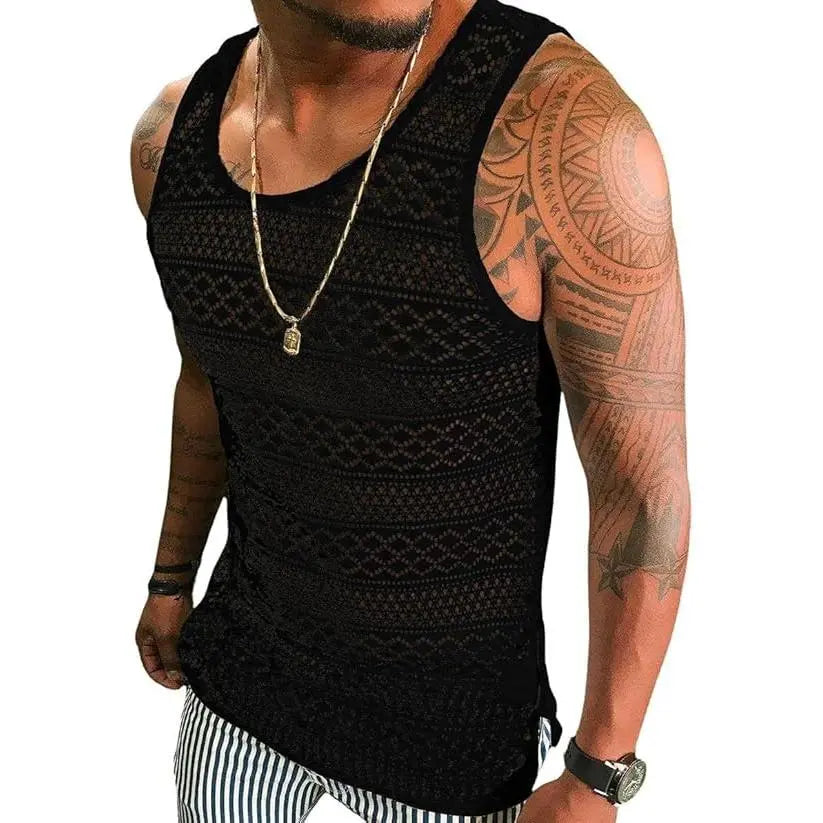 Runcati Mens See Through Vest Crewneck Sleeveless Tank Tops Muscle Sexy Mesh Shirts