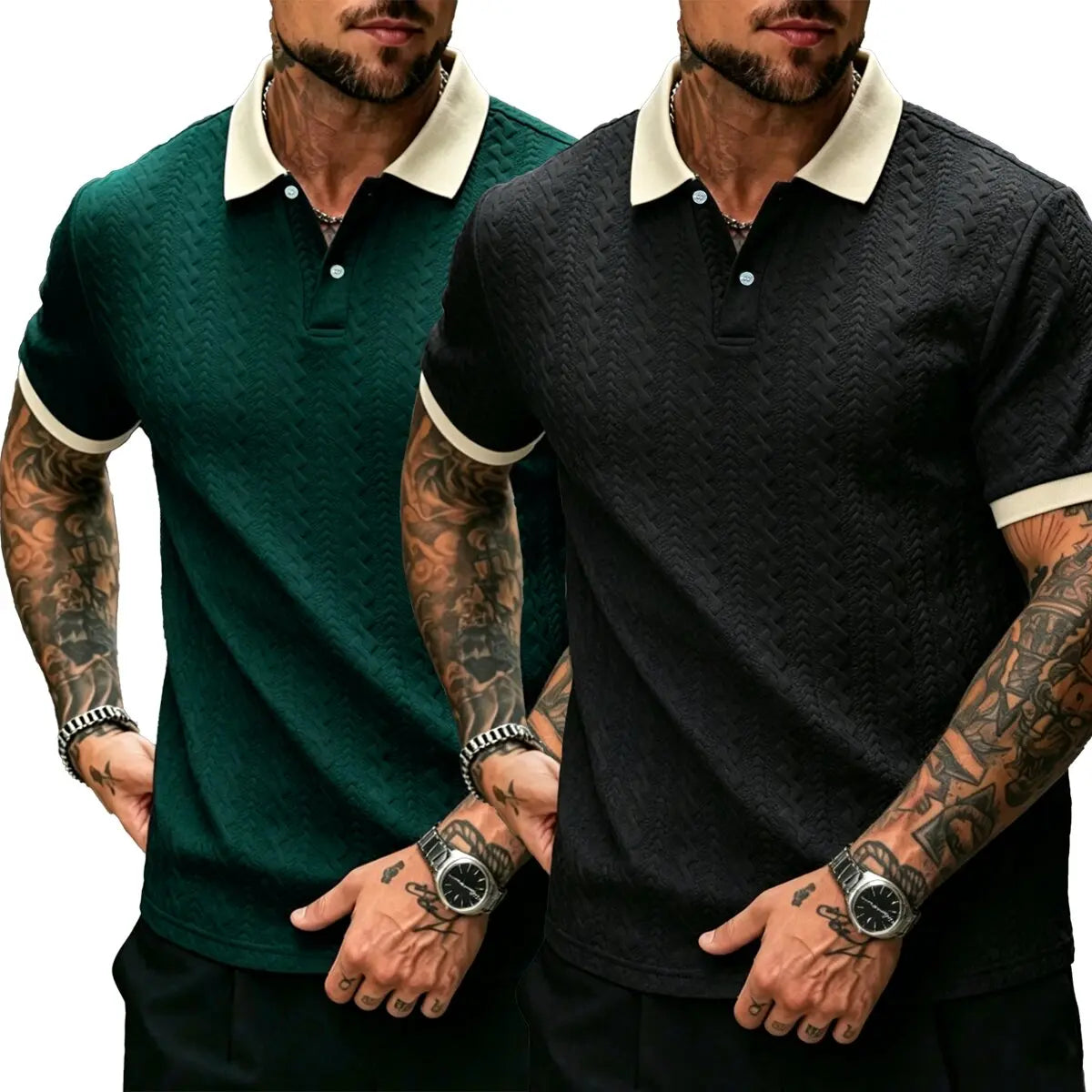 CasualCool Men's Old Money Contrast Knit Short-Sleeve Polo Shirt (Cream)
