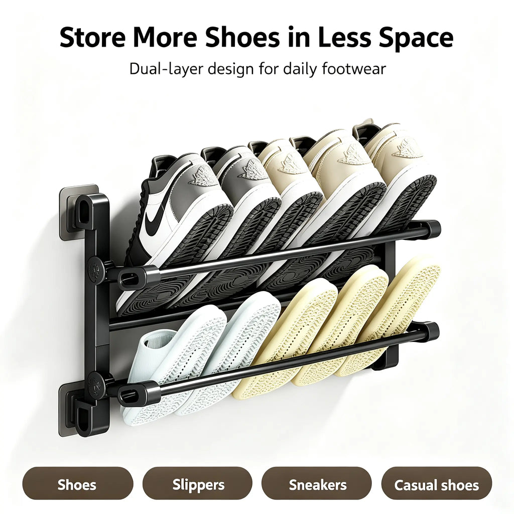Foldable Wall-Mounted Shoe Rack, Space-Saving Plastic & Steel Hanging Slipper Holder, Compact Shoe Storage Organizer for Bathroom, Entryway, Closet, Bedroom, Door & RV