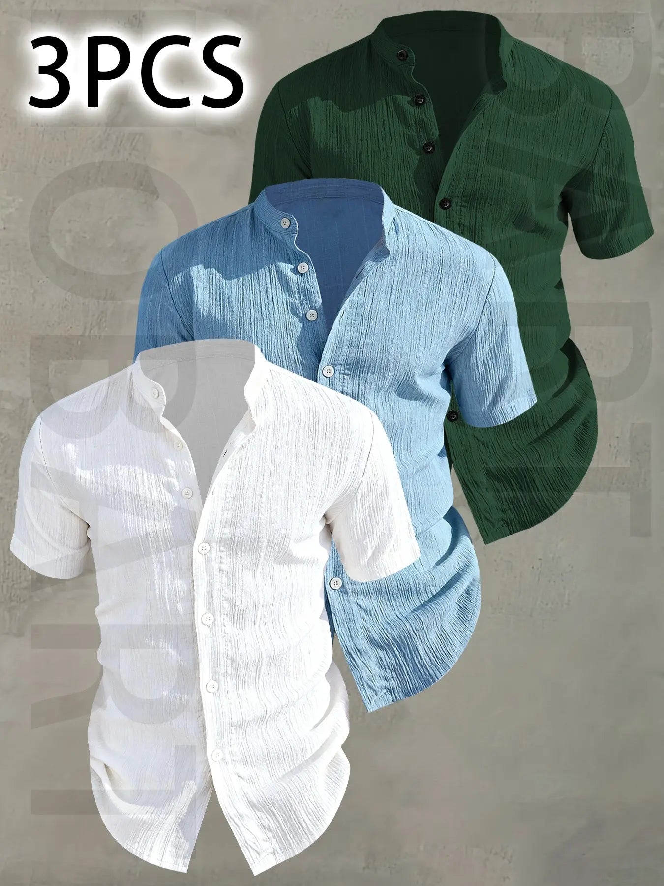 3pcs Men's Summer Lightweight Casual Button-Up Shirts with Stand Collar