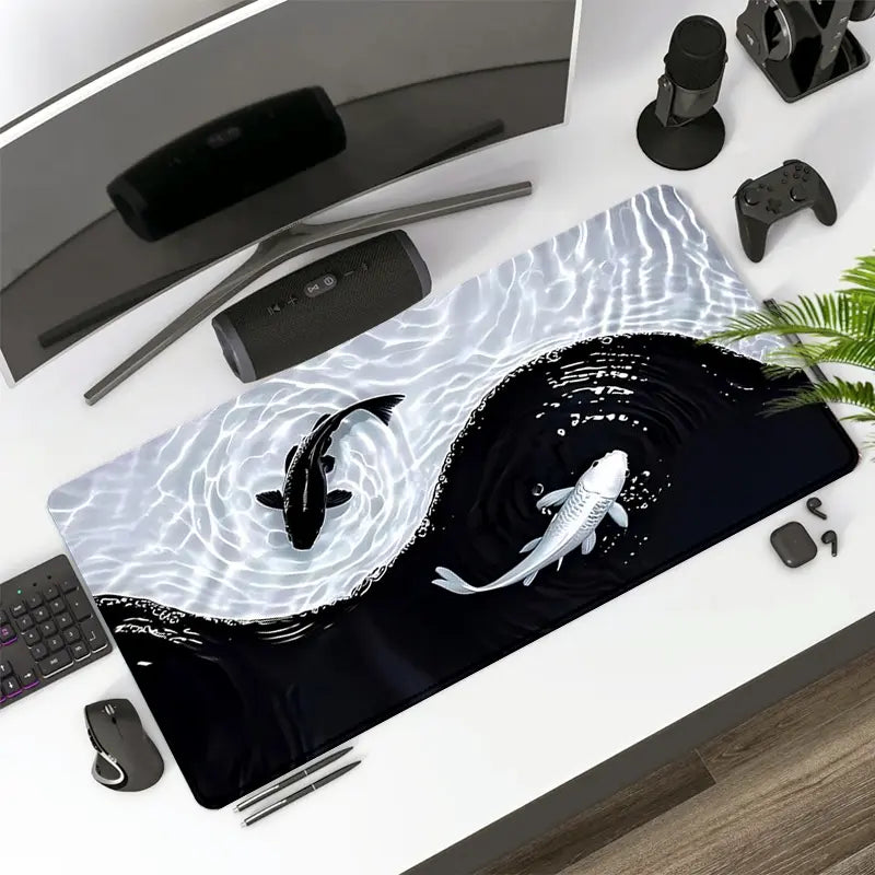 Extra Large Yin Yang Koi Waves Gaming Mouse Pad Desk Mat 35 x 16 Inches with Non-Slip Rubber Base and Durable Stitched Edge, Desktop Accessory, Desk Accessories, Perfect Gift for Home and Office, Christmas