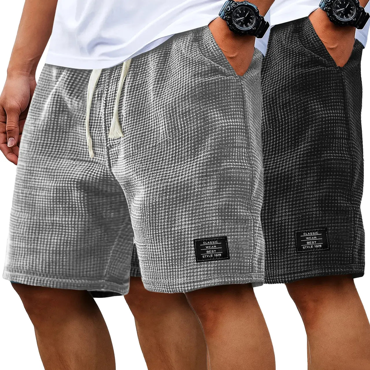 Men's 2-Pack Waffle Casual Shorts (Loose Fit, Solid Color)