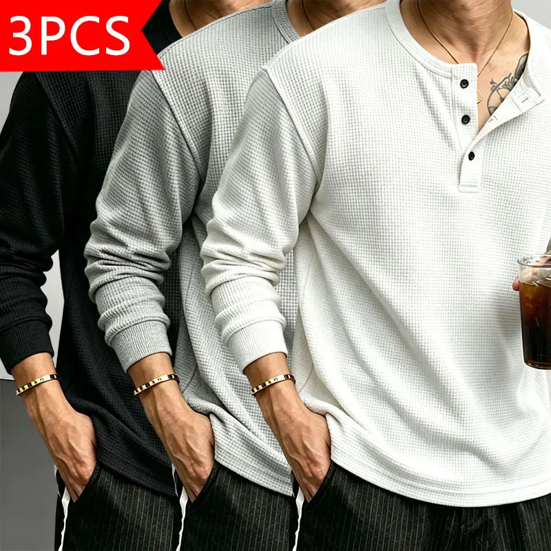 Men’s waffle-knit Henley-collar T-shirt featuring a half-button placket and small stand collar design, breathable textured knit fabric, relaxed drop-shoulder fit, solid color basic top for everyday casual wear.
