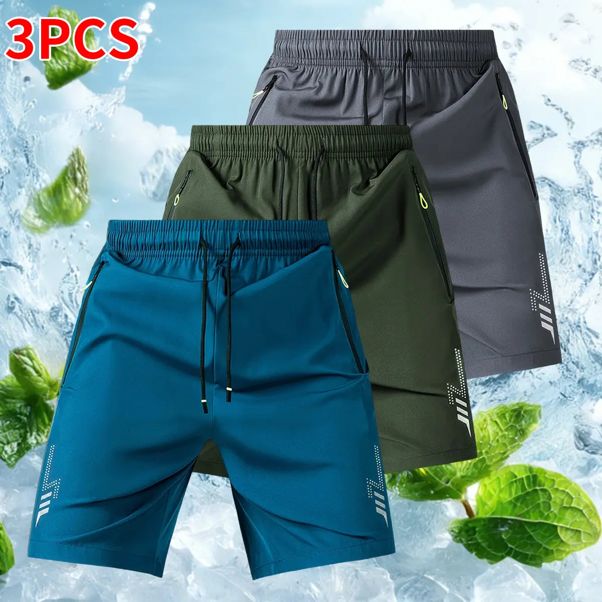3-Pack Men's Athletic Shorts - Reflective Geometric Prints, Zipper Pockets