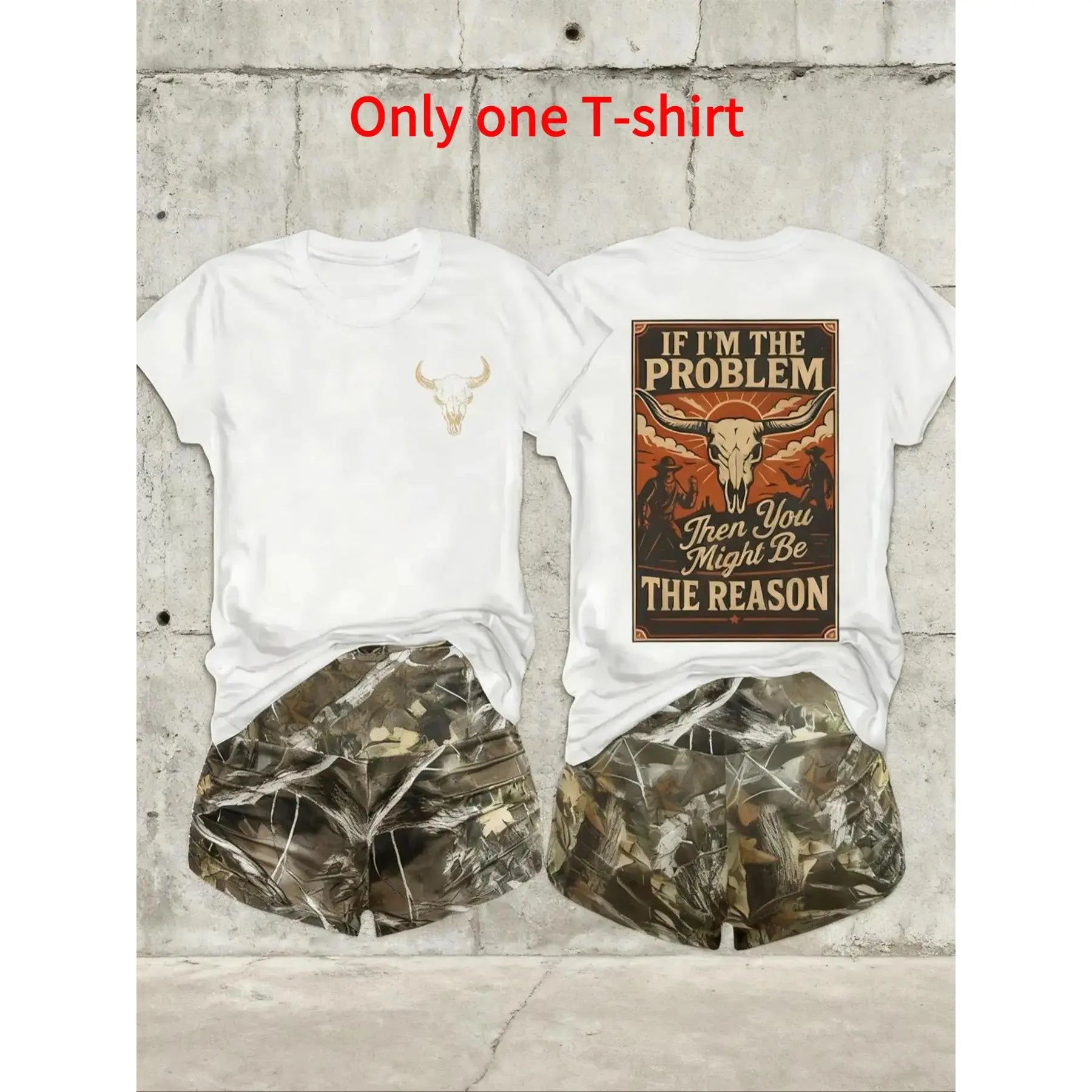 (only t-shirt)Women's T-Shirt, Casual, Comfortable Fabric, Crew Neck Short-Sleeve, Loose-Fit,, Western Skull & Slogan Graphics