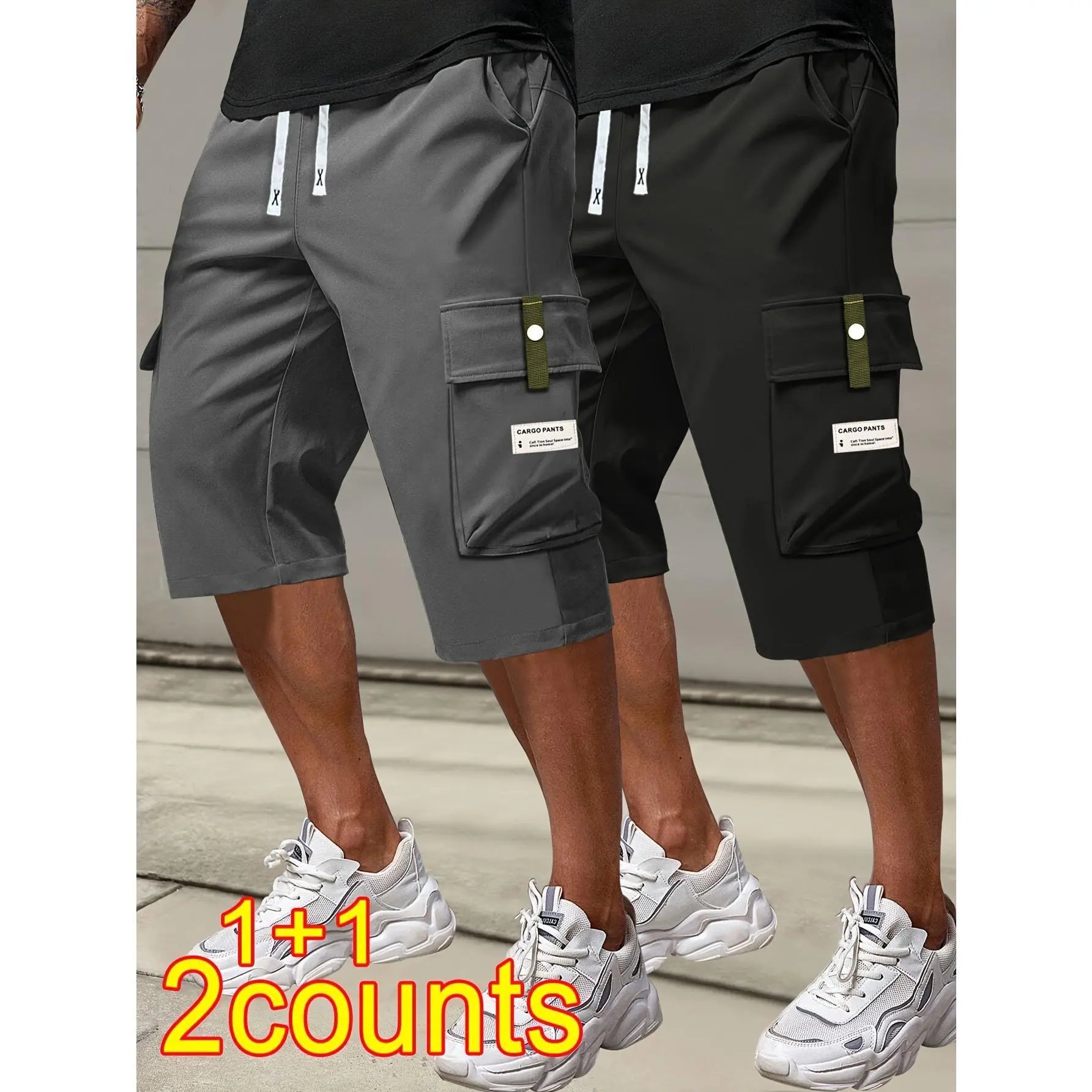 Men's Plus Size Cargo Shorts - Elastic Drawstring Waist & Multi-Pockets