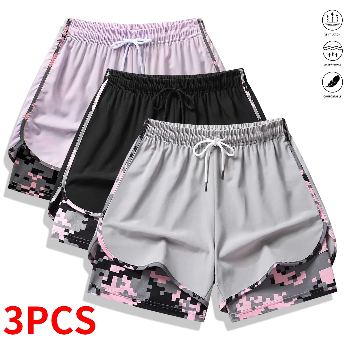 [3-Pack] Women's Athletic Shorts with Liner: Elastic Drawstring Running Shorts