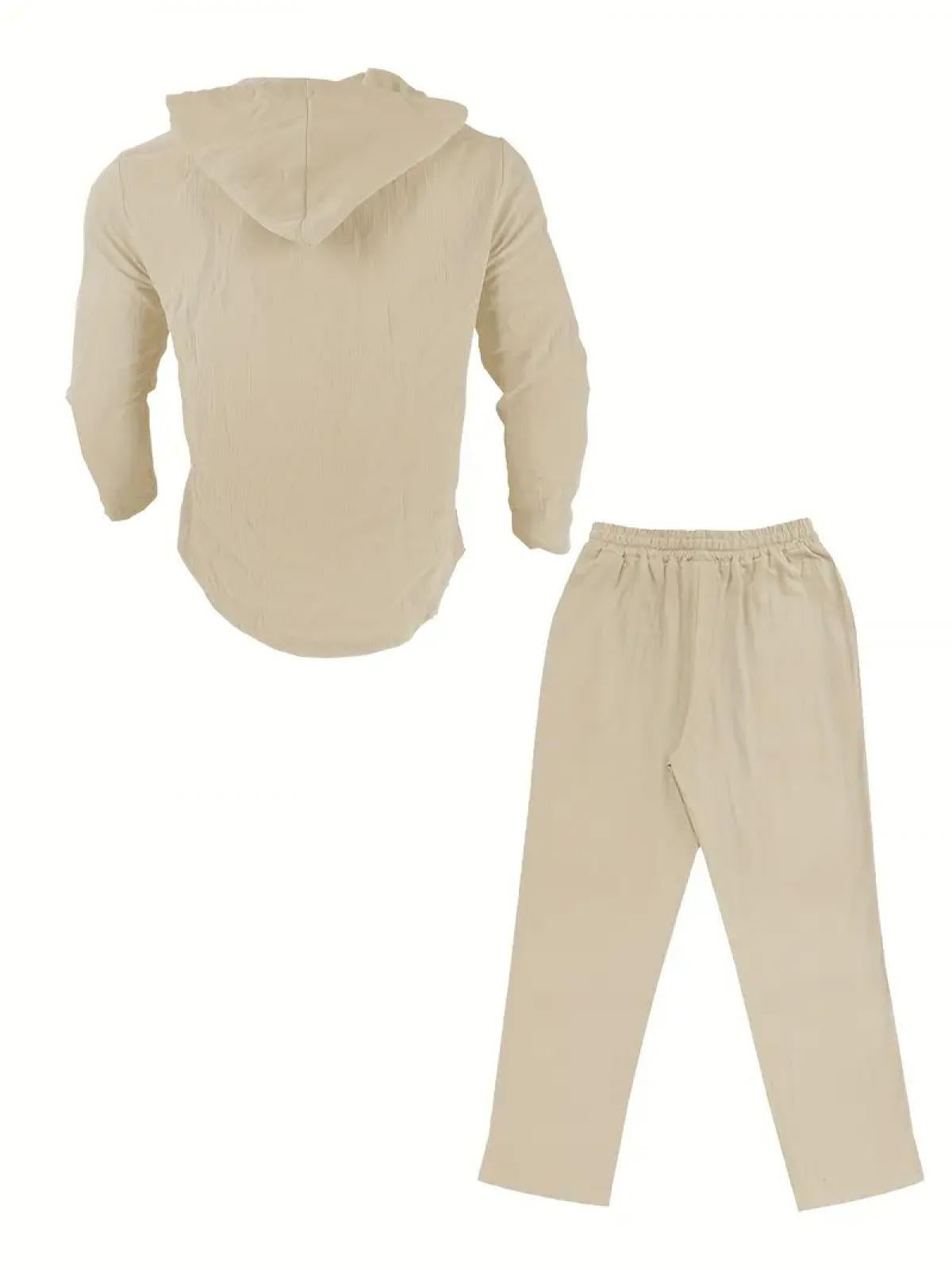 2-Piece Set Men's lightweight Trendy Hooded，Made From Soft Linen，Casual Vacation Style, Loose Fit Breathable Fabric,Long Hoodie & Wide-Leg Pants, Summer Wear outdoorfun Sweatshirt Clothes Fashion Trouser