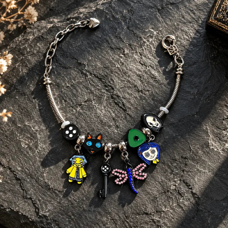Corallne The Secret Door Charm Bracelet | Enamel Pendant Button Key Cosplay Jewelry | Dark Fantasy Goth Bracelet, Ideal Gift & Costume Accessory for Fans