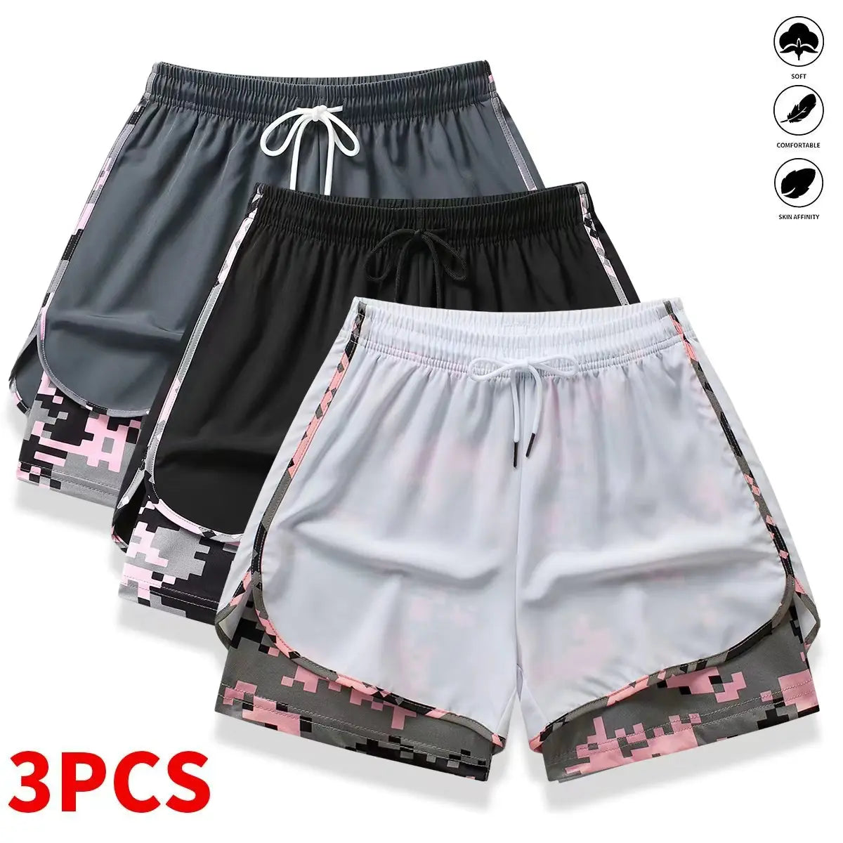[3-Pack] Women's Athletic Shorts with Liner: Elastic Drawstring Running Shorts