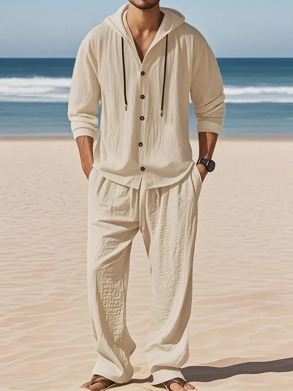 2-Piece Set Men's lightweight Trendy Hooded，Made From Soft Linen，Casual Vacation Style, Loose Fit Breathable Fabric,Long Hoodie & Wide-Leg Pants, Summer Wear outdoorfun Sweatshirt Clothes Fashion Trouser