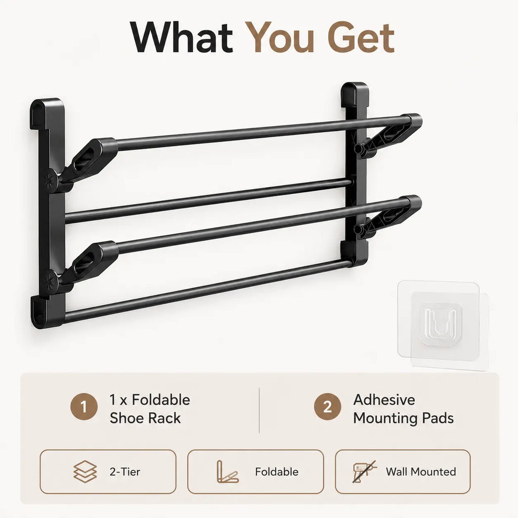 Foldable Wall-Mounted Shoe Rack, Space-Saving Plastic & Steel Hanging Slipper Holder, Compact Shoe Storage Organizer for Bathroom, Entryway, Closet, Bedroom, Door & RV