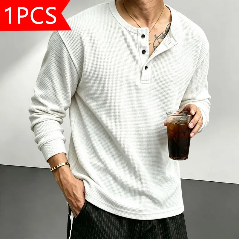 Men's Waffle-Knit Henley Collar T-Shirt (Drop Shoulder/Half-Placket)