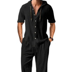Men's 2-Piece Linen Washed Athletic Set - Stylish Plain Hooded Drawstring Sweatshirt, Loose Breathable Thin Fabric Wide-Leg Pants, Black + White Shortsleeve Casual Summer Menswear Sets, Men's 2 Piece Sets