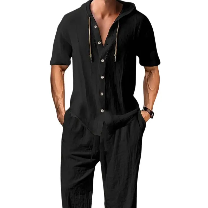 Men's 2-Piece Linen Washed Athletic Set - Stylish Plain Hooded Drawstring Sweatshirt, Loose Breathable Thin Fabric Wide-Leg Pants, Black + White Shortsleeve Casual Summer Menswear Sets, Men's 2 Piece Sets