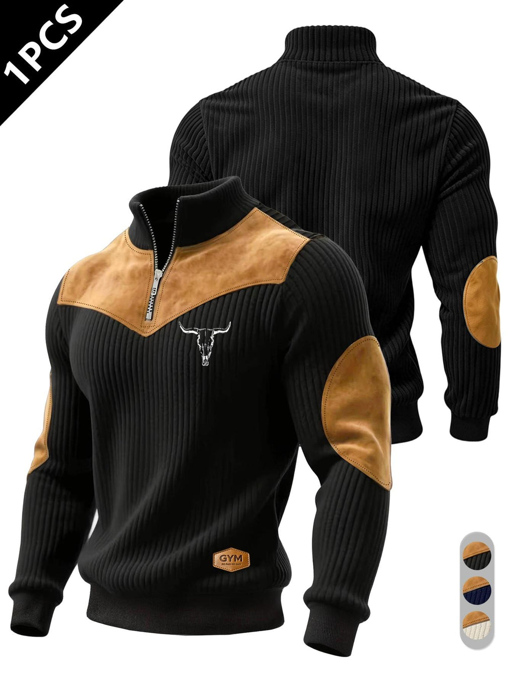 Men's Half-Zip Stand Collar Knit Top, Suede Texture Shoulder Patches, Bull Head Print, Slim Fit, Retro American Style, Casual Wear, Knitwear