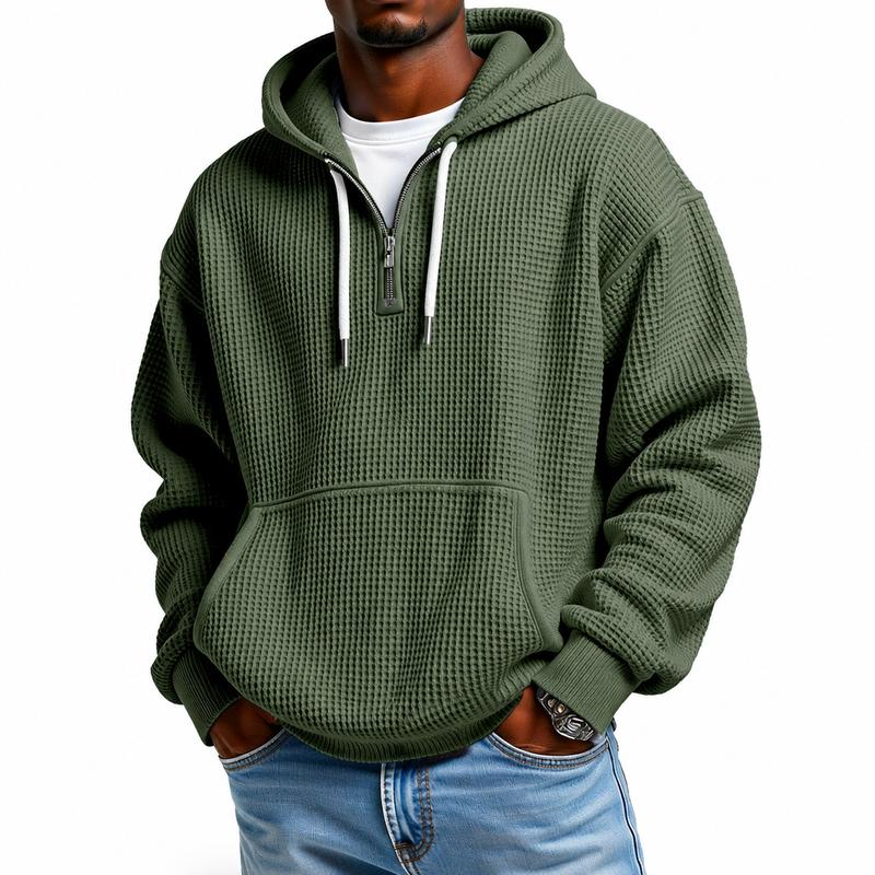 Men's Waffle Knit Half-Zip Hoodie - Casual Plain Streetwear Sweatshirt, Loose Ribbed Pullover, Soft Textured Fabric, Kangaroo Pocket, Long Sleeve, Fall Winter Outdoor Daily Layer