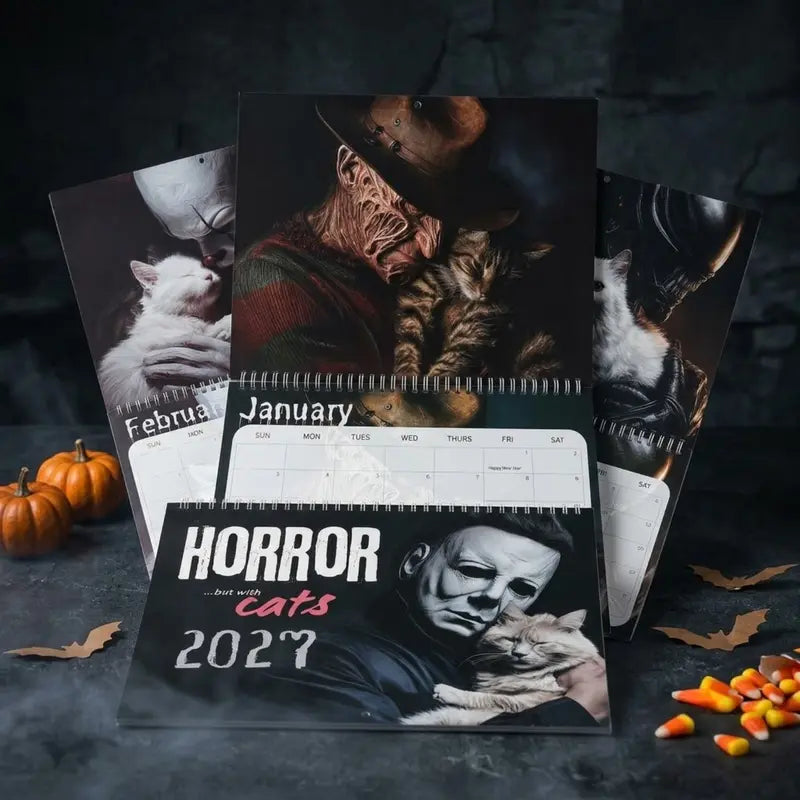 2027 Whimsical Cat Wall Calendar with Funny Horror Movie Villains and 12 Monthly Art Prints
