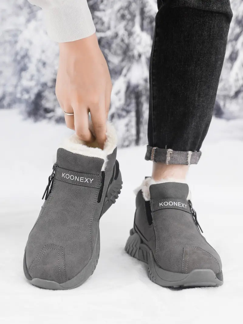 Unisex Winter Snow Casual Ankle Boots, Suede-Look Upper, Side Zip, Fleece-Lined Warm, Thick PVC Sole