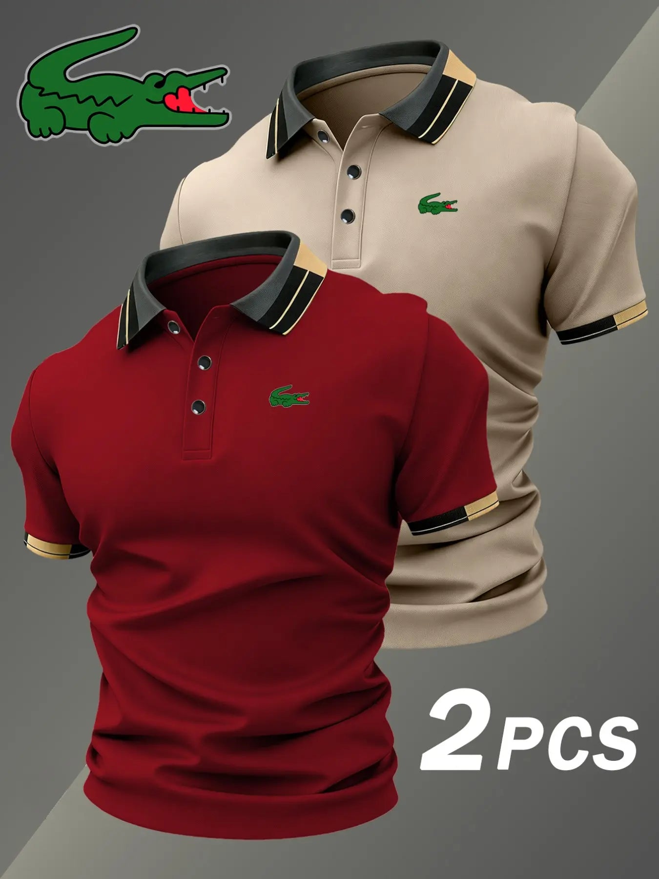 Men's Crocodile Print Polo Shirt, Elastic Classic Casual Breathable, Four-Season Wear, Comfortable Durable Polo, Two-Piece Set
