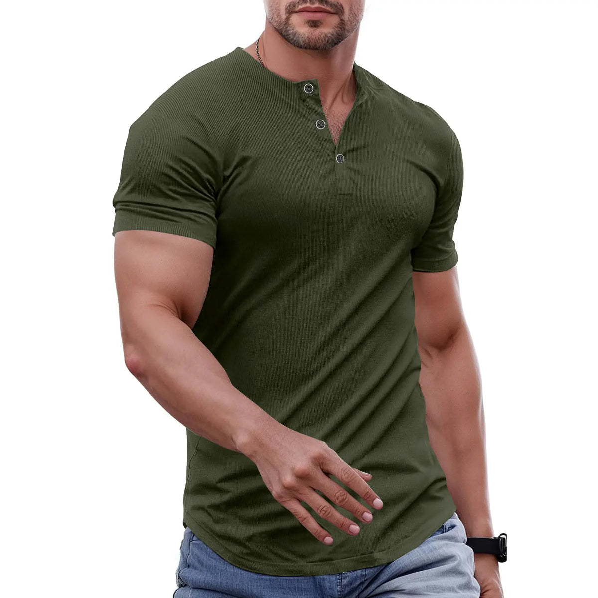 Men's Slim Fit Henley Athletic Longline Workout T-Shirt Heavyweight Stretch