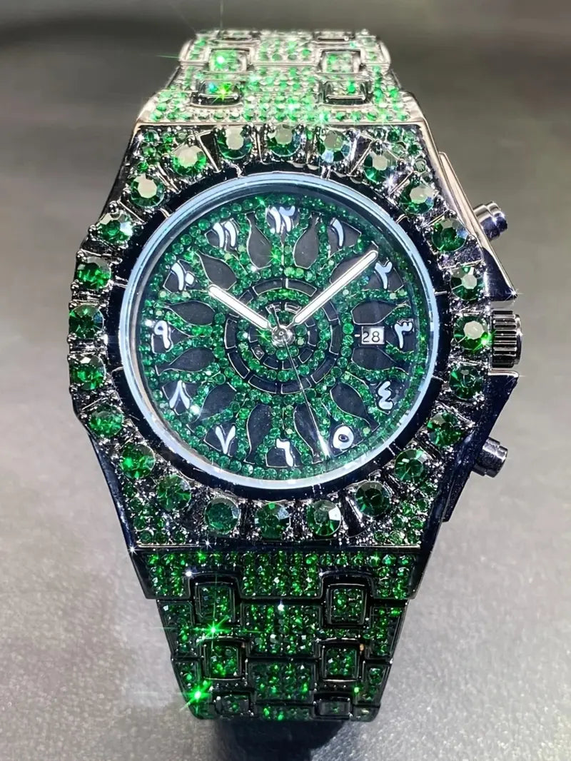 Men's Quartz Watch with Rhinestones, Luxury Ice-Dial Hip-Hop Watch with Full Artificial Water Diamonds, Rhinestone Decorated Watch, Fashionable Stylish Watch