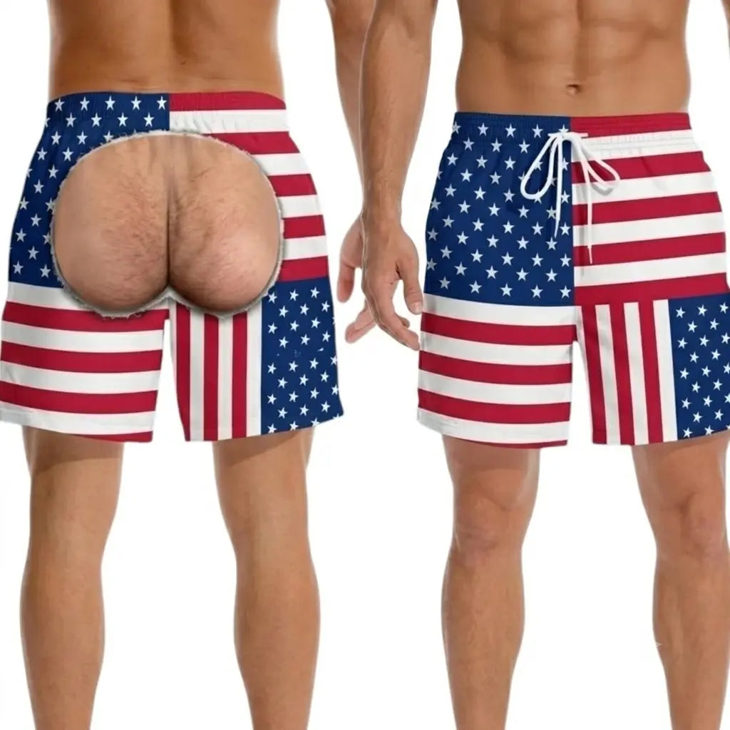 Men's Novelty Patriotic Swim Trunks - American Flag Freedom & Chill Quick Dry Beach Shorts with Mesh Lining - Funny Ugly Summer Hawaiian Shirt Vacation Gifts for Him