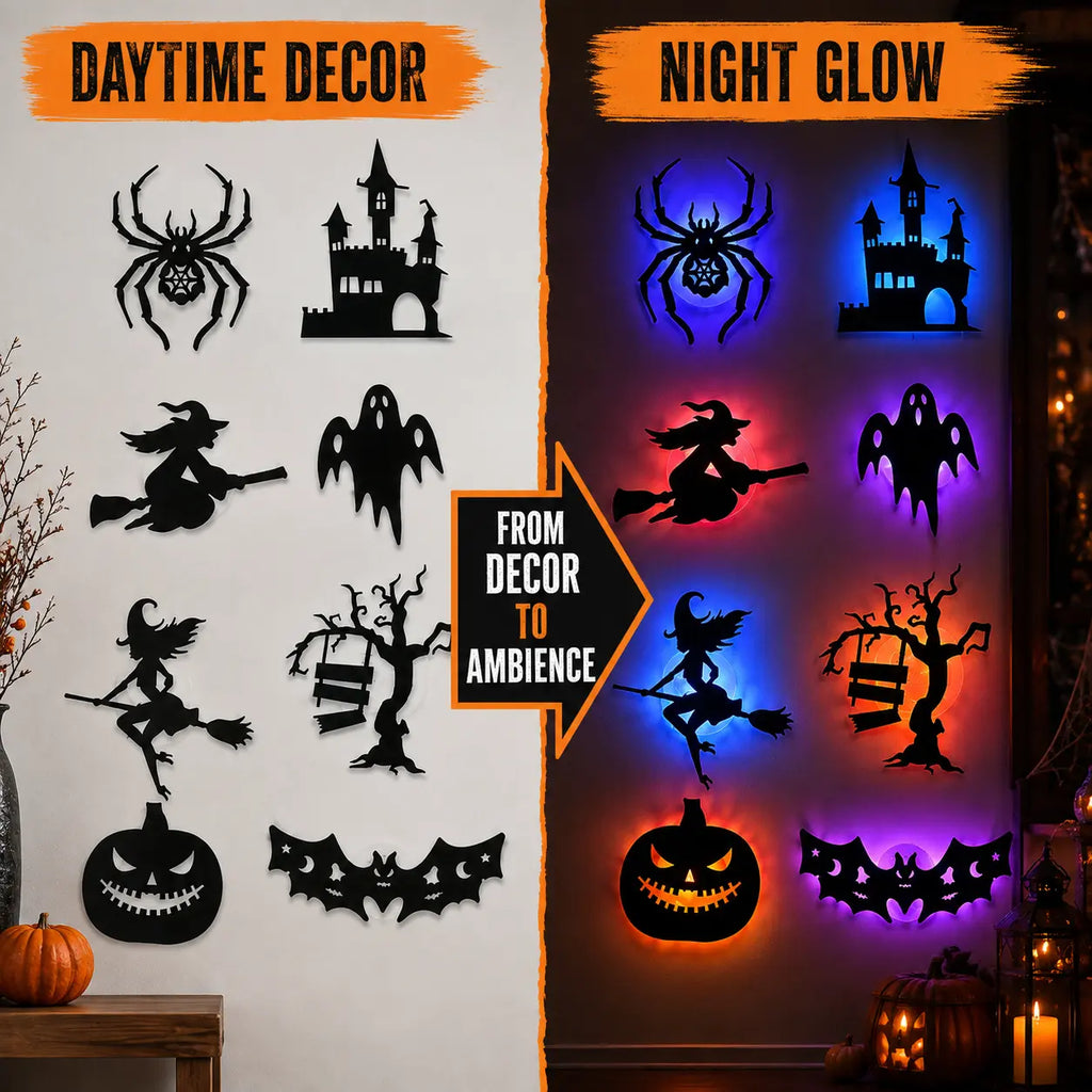 Halloween LED Silhouette Wall Light Stickers, Battery Powered Peel & Stick Decor Lights, No Drill PET Waterproof Wall Decor, Spooky Ghost Pumpkin Witch Bat Castle Spider Tree Ornaments for Home Window Door Party, 9/18/27 Pack Available