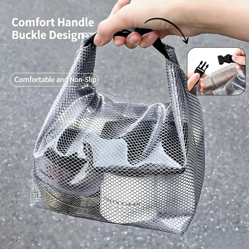 2 Pack Waterproof Mesh Shower Caddy Bags Set (Large + Small), Transparent Portable Toiletry Tote with Buckle Handle, Large Capacity Quick Dry Bath Storage Organizer for Gym Travel Bathroom Dorm