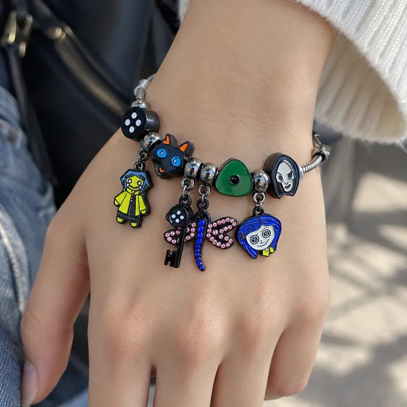 Corallne Secret Door Charm Bracelet with Enamel Button and Key Pendants