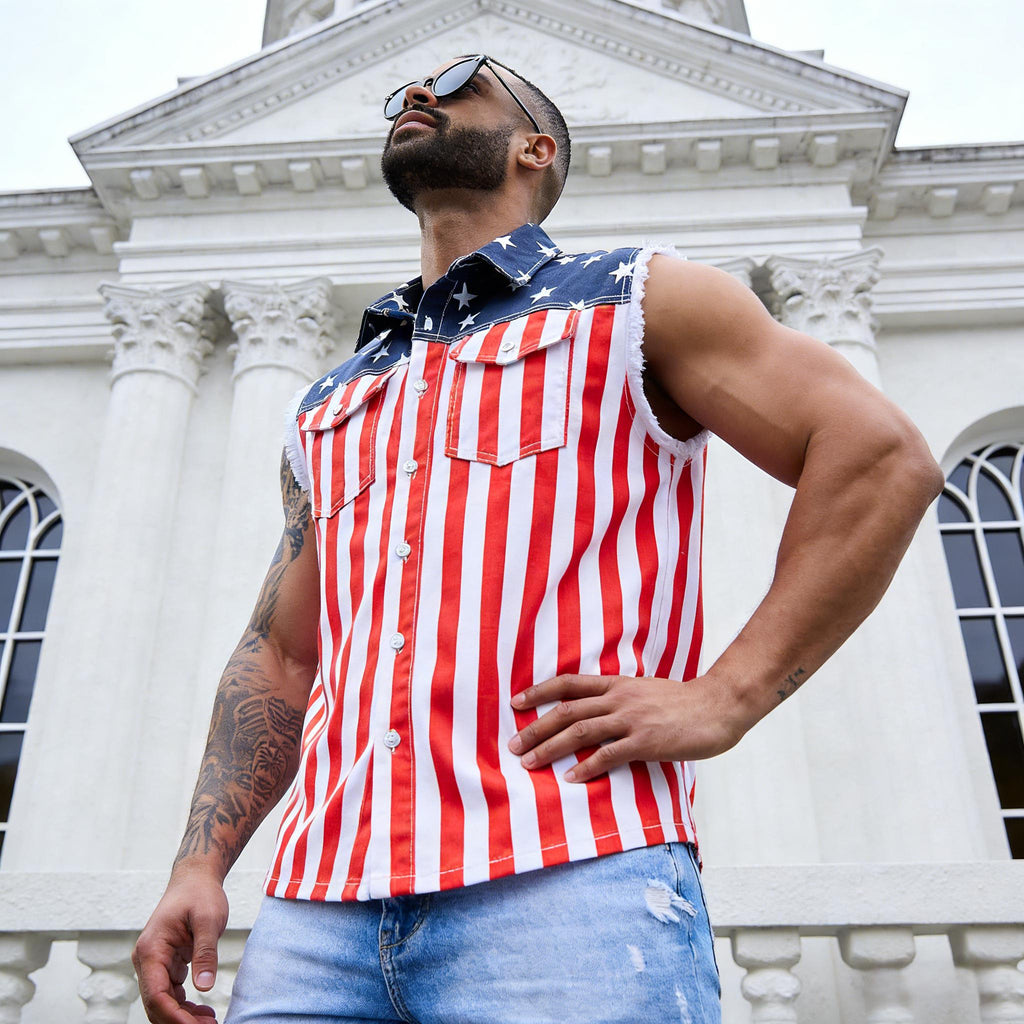 Yuanbang 4th of July Men’s American Flag Denim Vest USA 250th Birthday Independence Day Sleeveless Summer Casual Jacket Patriotic Style Outdoor Fashion Menswear Father's Festival Dad Gifts Guys Love Top Summer Wins